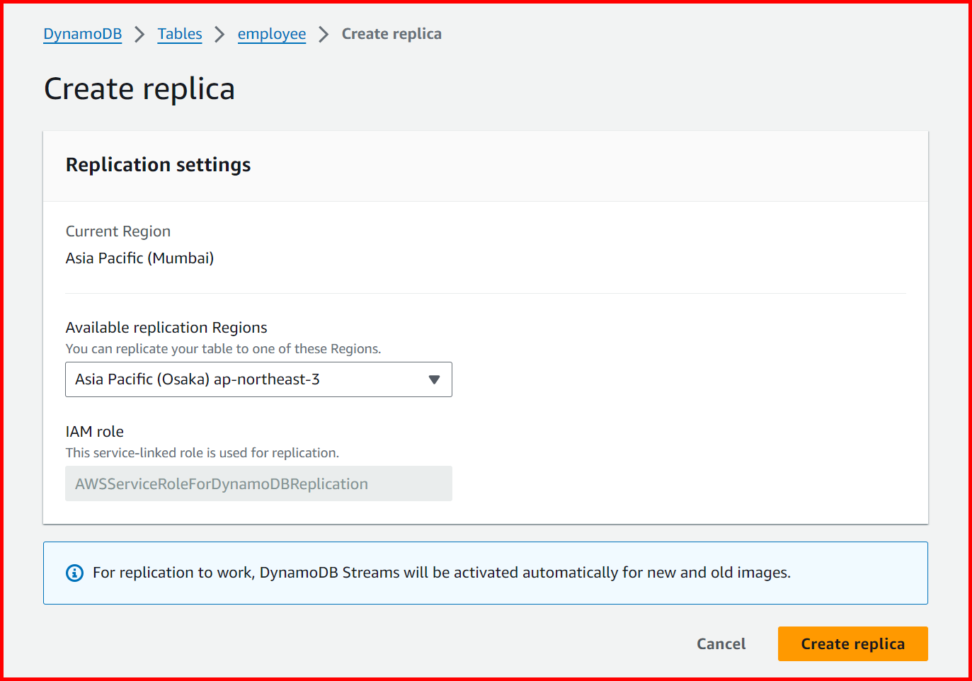 Picture showing the create replica screen for dynamodb